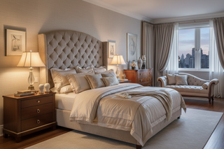 Luxury hotel-style bed with crisp white linens, layered bedding, and neutral pillows in a modern bedroom