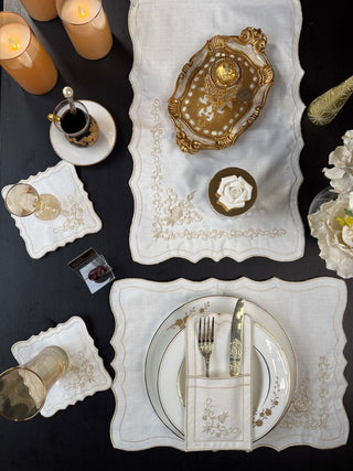Classic Rose Cappuccino Design Placemat Set - Premium Fabric - 6 Persons - 19 Pieces displayed on a dining table.