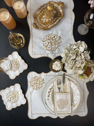Ramadan Kareem Design Gold Placemat Set - Premium Fabric - 6 Persons - 19 Pieces displayed on a festive dining table.