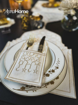 Ramadan Dome Design Cappuccino Placemat Set - Premium Fabric - 6 Persons - 19 Pieces on a beautifully arranged table.