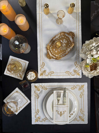 Classic Floral Gold Design Placemat Set - Premium Fabric - 6 Persons - 19 Pieces set on elegant table with gold accents.
