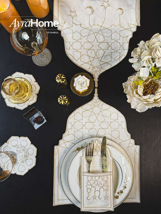 Ramadan Dome Design Cappuccino Placemat Set - Premium Fabric - 6 Persons - 19 Pieces on a table setting.
