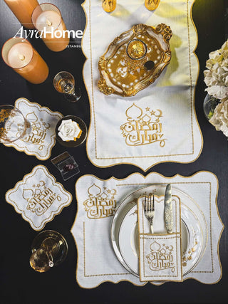 Ramadan Mubarek Design Gold placemat set - Premium Fabric - 6 Persons - 19 Pieces displayed elegantly on a dining table.