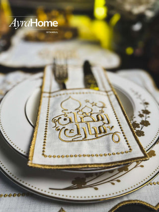 Ramadan Mubarek Design Gold placemat set - Premium Fabric - 6 Persons - 19 Pieces on a beautifully set table.