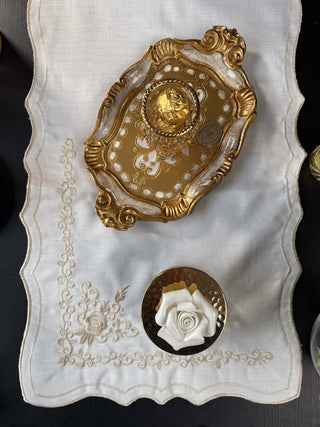 Classic Rose Cappuccino Design Placemat Set - Premium Fabric - 6 Persons - 19 Pieces with gold tray and decorative rose.