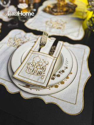 Ramadan Mubarek Design Gold placemat set - Premium Fabric - 6 Persons - 19 Pieces displayed on a dining table.