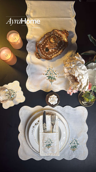 Bouquet Colorful Design Placemat Set - Premium Fabric - 6 Persons - 19 Pieces displayed on an elegant dining table.