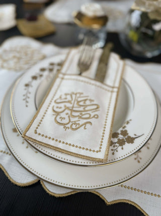 Ramadan Kareem Design Gold Placemat Set - Premium Fabric - 6 Persons - 19 Pieces with embroidered napkin.