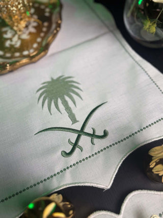 Royal Palm & Swords Green Inspired Design Green Placemat Set - Premium Fabric - 6 Persons - 19 Pieces with palm and swords embroidery.