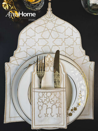 Ramadan Dome Design Cappuccino Placemat Set - Premium Fabric - 6 Persons - 19 Pieces displayed with elegant tableware.