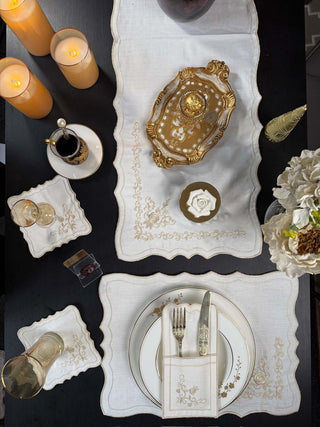 Classic Rose Cappuccino Design Placemat Set - Premium Fabric - 6 Persons - 19 Pieces displayed on elegant table setting.