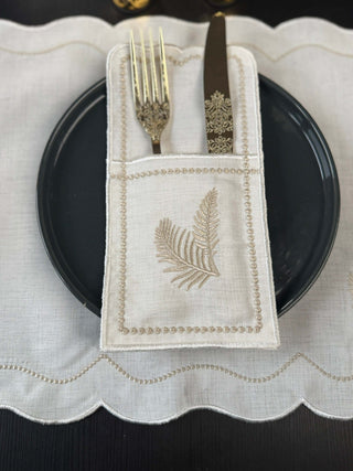 Wheat Ear Cappuccino Design Placemat Set - Premium Fabric - 6 Persons - 19 Pieces featuring elegant cutlery pocket.