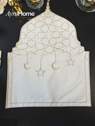 Ramadan Dome Design Cappuccino Placemat Set - Premium Fabric - 6 Persons - 19 Pieces displayed on a table.