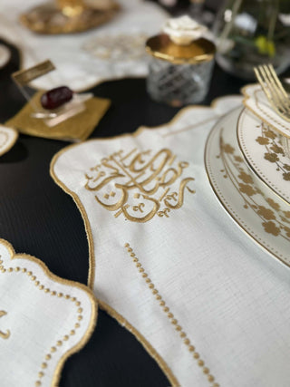 Ramadan Kareem Design Gold Placemat Set - Premium Fabric - 6 Persons - 19 Pieces on elegant dining table.