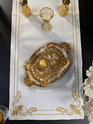 Classic Floral Gold Design Placemat Set - Premium Fabric - 6 Persons - 19 Pieces displayed on a stylish table setting.