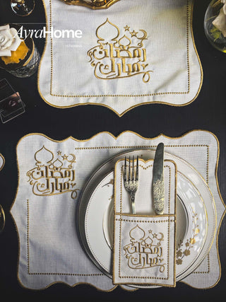 Ramadan Mubarek Design Gold placemat set - Premium Fabric - 6 Persons - 19 Pieces on a dining table