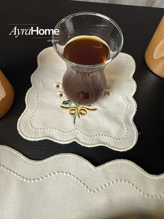 Bouquet Colorful Design Placemat Set - Premium Fabric - 6 Persons - 19 Pieces on wooden table with glass.