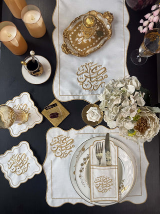 Ramadan Kareem Design Gold Placemat Set - Premium Fabric - 6 Persons - 19 Pieces displayed on elegant dining table.