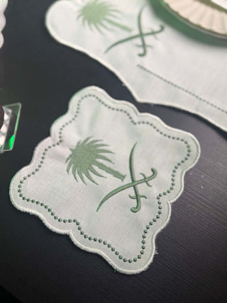 Royal Palm & Swords Green Inspired Design Green Placemat Set - Premium Fabric - 6 Persons - 19 Pieces close-up view of placemat