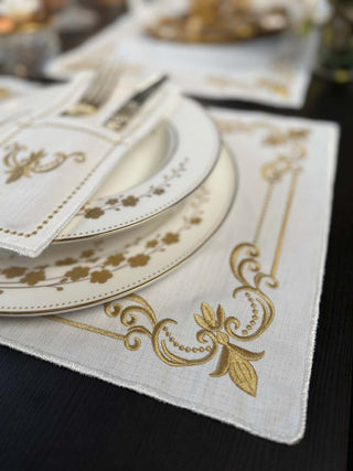 Classic Floral Gold Design Placemat Set - Premium Fabric - 6 Persons - 19 Pieces on elegant table setting.