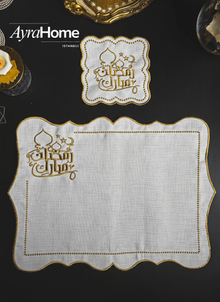 Ramadan Mubarek Design Gold placemat set - Premium Fabric - 6 Persons - 19 Pieces