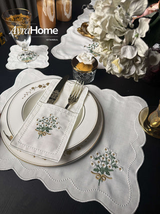 Bouquet Colorful Design Placemat Set - Premium Fabric - 6 Persons - 19 Pieces displayed on a stylish dining table.