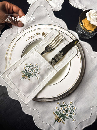 Bouquet Colorful Design Placemat Set - Premium Fabric - 6 Persons - 19 Pieces with elegant dining setup and embroidered cutlery pockets.