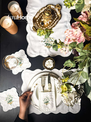 Bouquet Colorful Design Placemat Set - Premium Fabric - 6 Persons - 19 Pieces displayed on a beautifully set dining table.