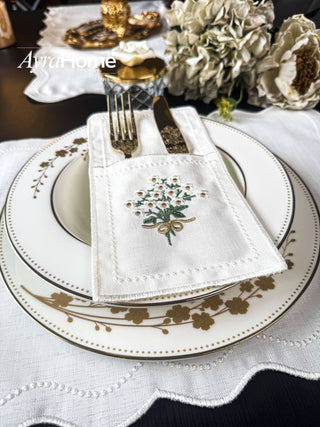 Bouquet Colorful Design Placemat Set - Premium Fabric - 6 Persons - 19 Pieces including embroidered cutlery pocket on elegant table setting.