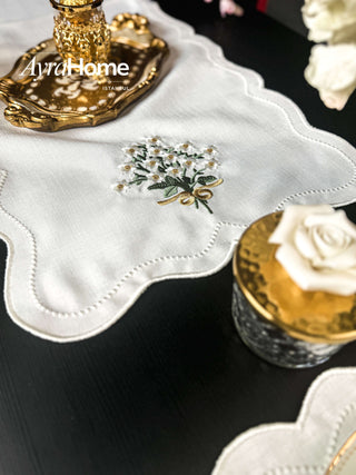 Bouquet Colorful Design Placemat Set - Premium Fabric - 6 Persons - 19 Pieces on a table with decorative items.