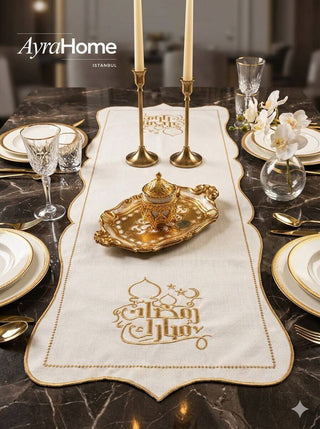 Ramadan Mubarek Design Gold placemat set - Premium Fabric - 6 Persons - 19 Pieces on a decorated dining table.